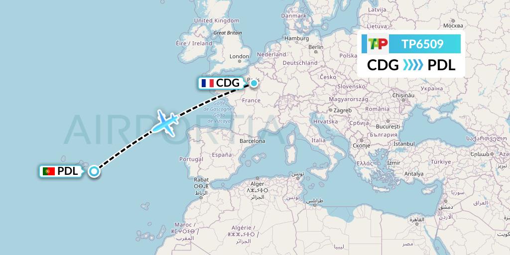 TP6509 TAP Portugal Flight Map: Paris to Ponta Delgada