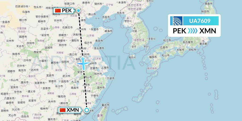 UA7609 United Airlines Flight Map: Beijing to Xiamen