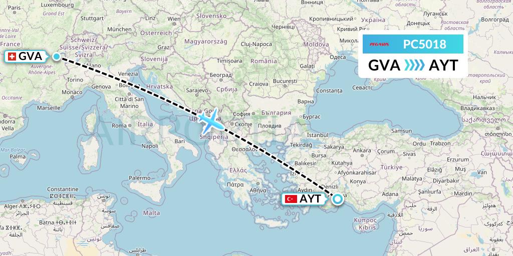 PC5018 Pegasus Airlines Flight Map: Geneva to Antalya