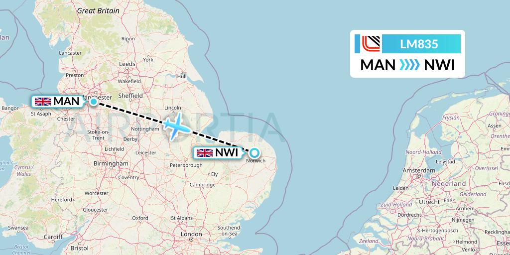 LM835 Loganair Flight Map: Manchester to Norwich
