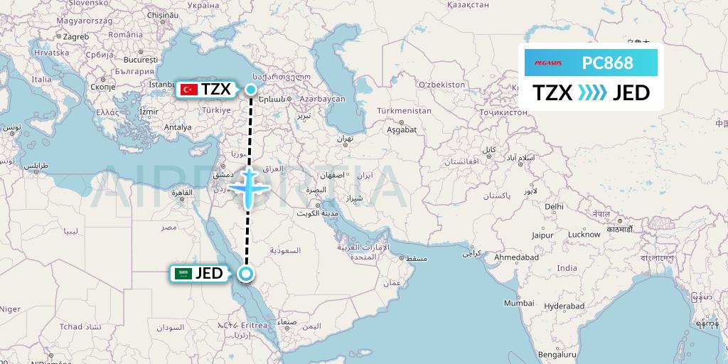 PC868 Pegasus Airlines Flight Map: Trabzon to Jeddah
