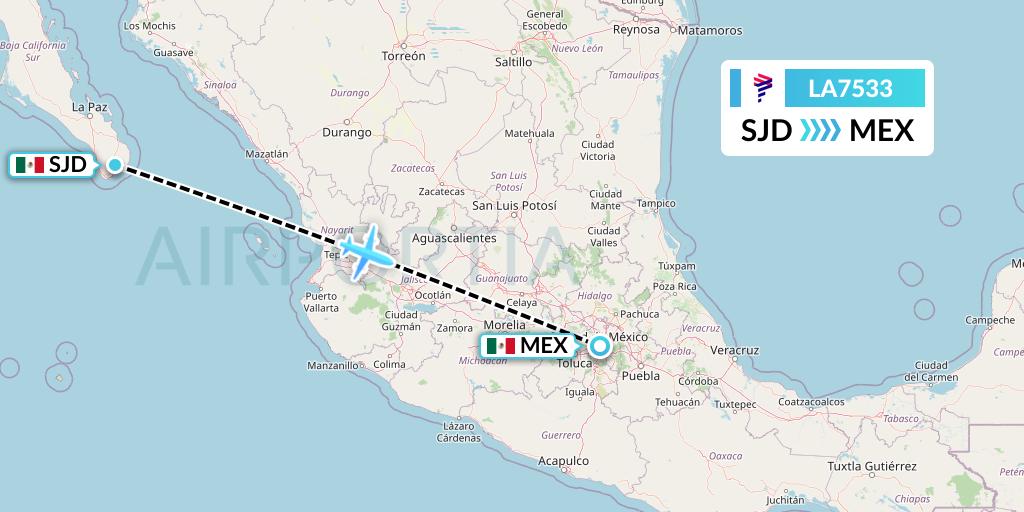 LA7533 LAN Airlines Flight Map: San Jose del Cabo to Mexico City