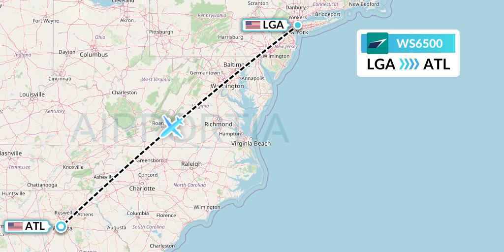 WS6500 WestJet Flight Map: New York to Atlanta