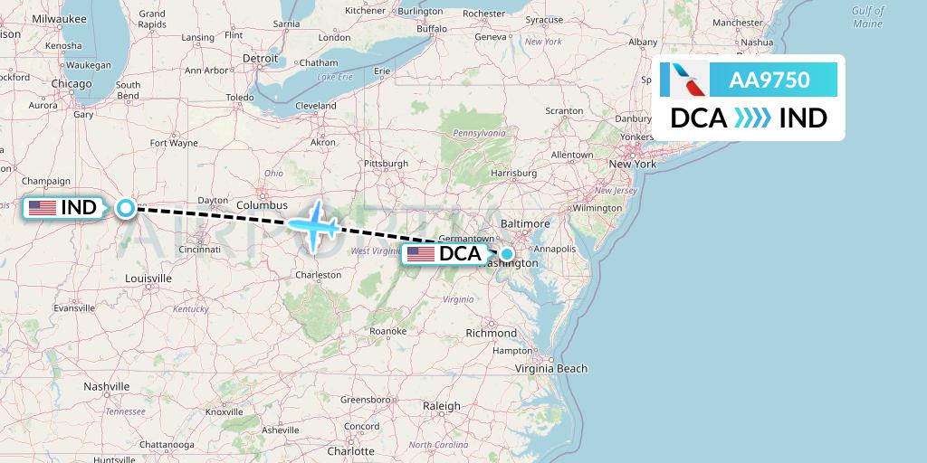 AA9750 American Airlines Flight Map: Washington to Indianapolis
