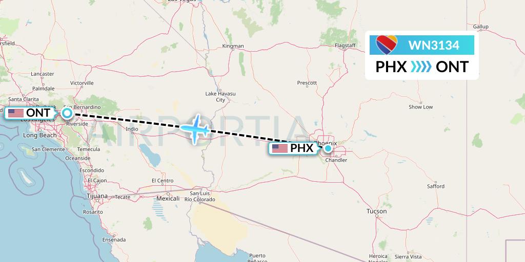 WN3134 Southwest Airlines Flight Map: Phoenix to Ontario