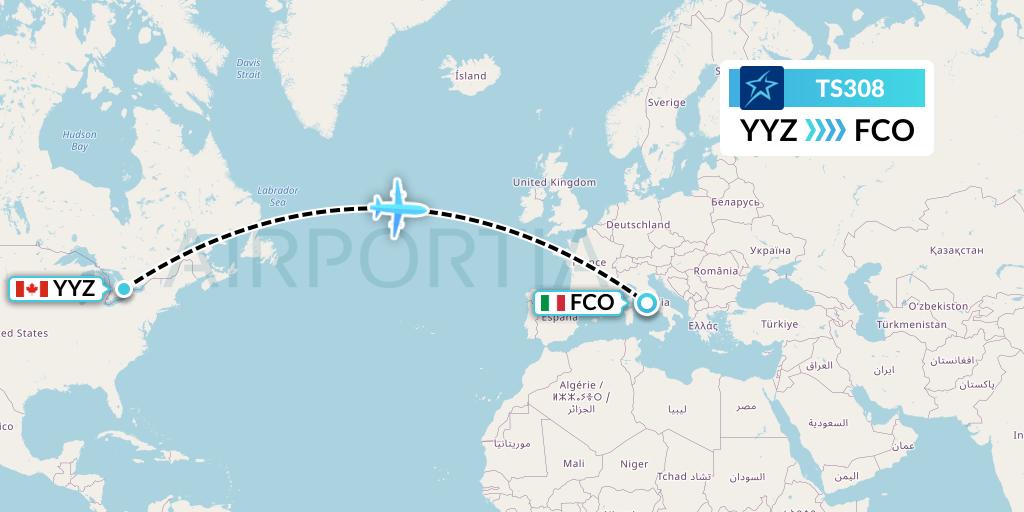 TS308 Air Transat Flight Map: Toronto to Rome