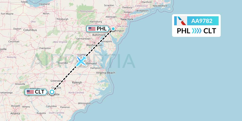 AA9782 American Airlines Flight Map: Philadelphia to Charlotte