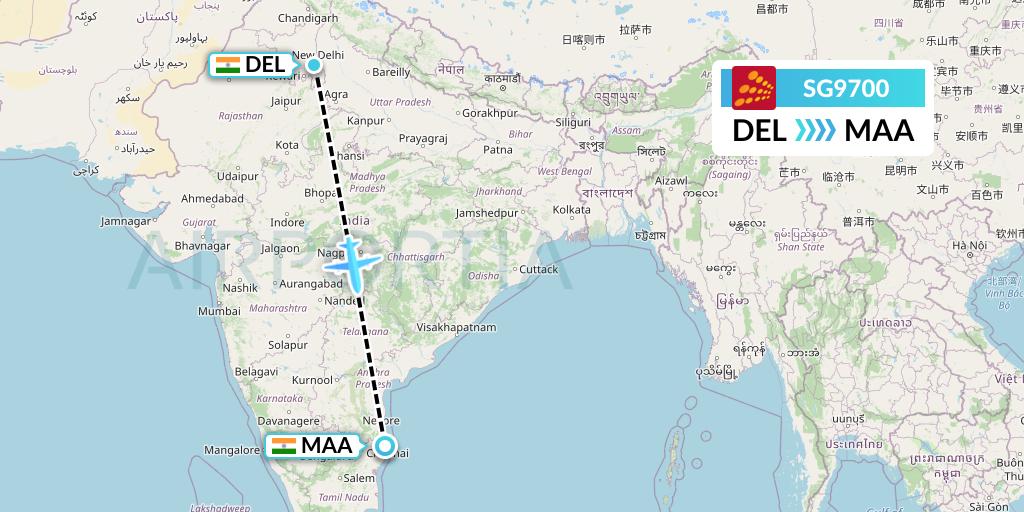 SG9700 SpiceJet Flight Map: Delhi to Chennai