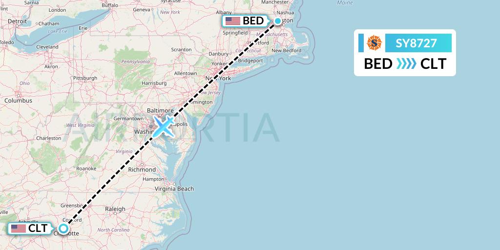 SY8727 Sun Country Airlines Flight Map: Bedford to Charlotte