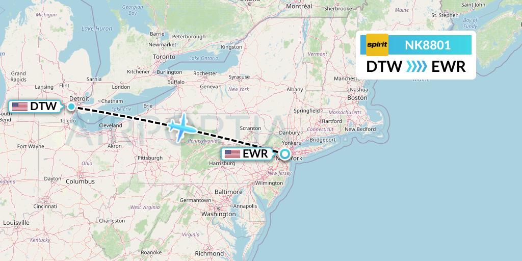 NK8801 Spirit Airlines Flight Map: Detroit to New York