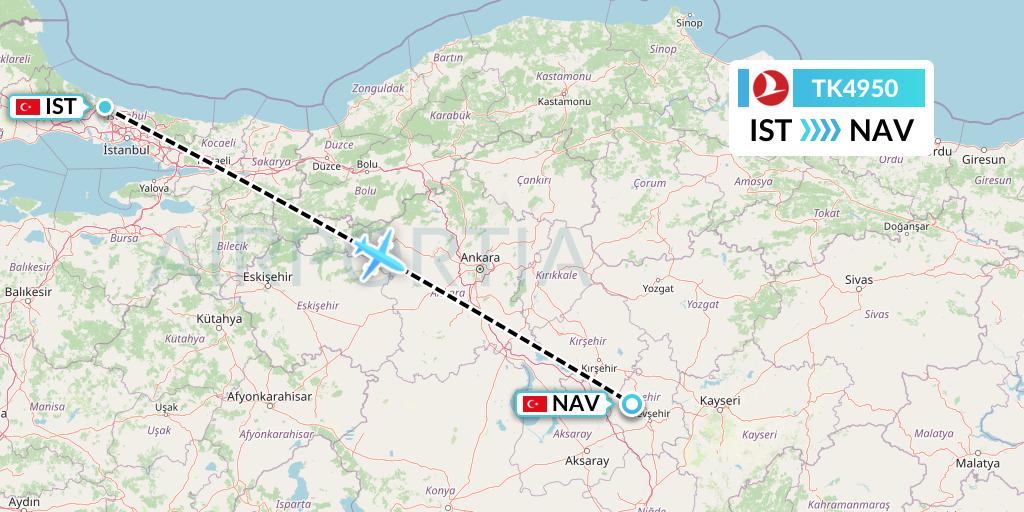 TK4950 Turkish Airlines Flight Map: Istanbul to Nevsehir