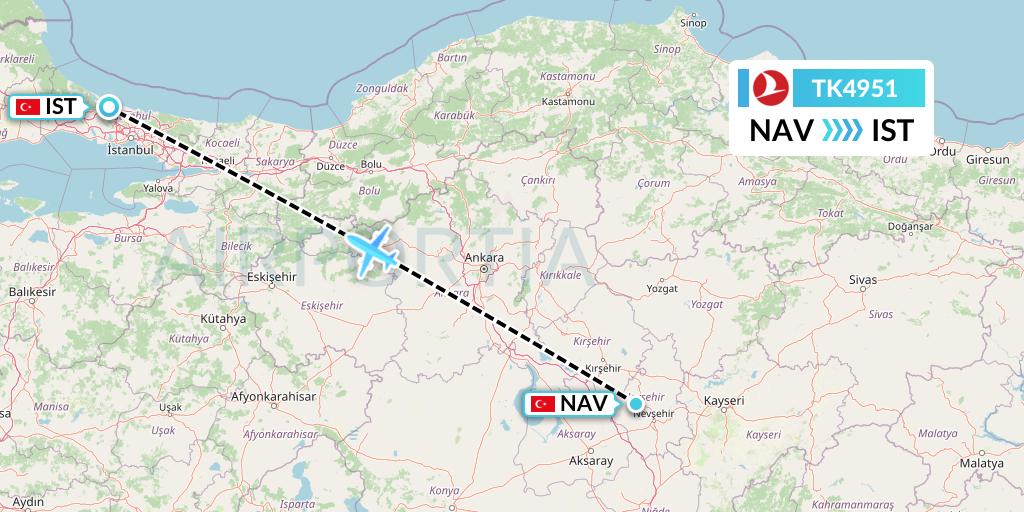 TK4951 Turkish Airlines Flight Map: Nevsehir to Istanbul