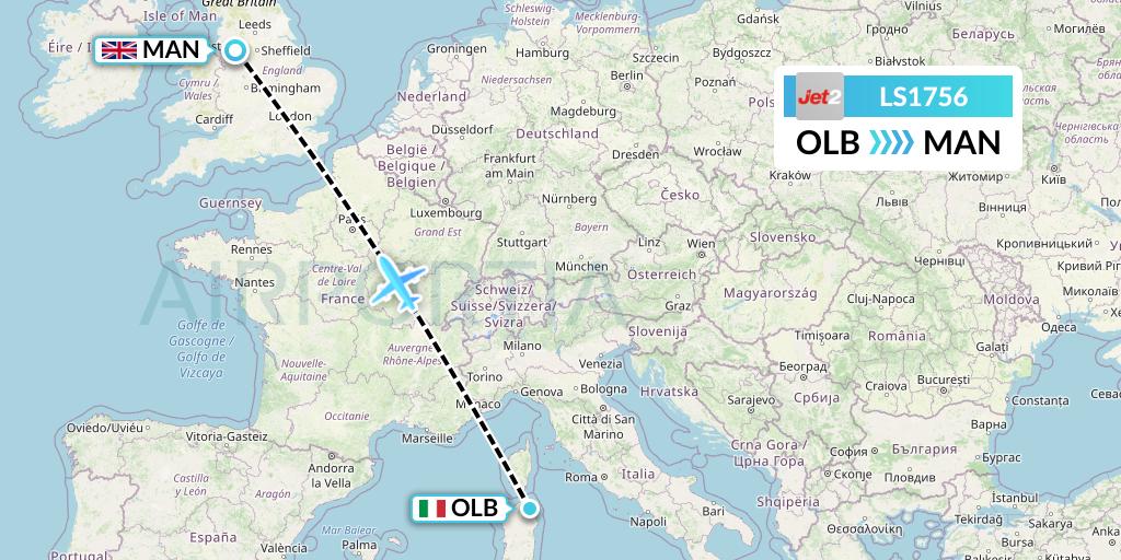 LS1756 Jet2 Flight Map: Olbia to Manchester