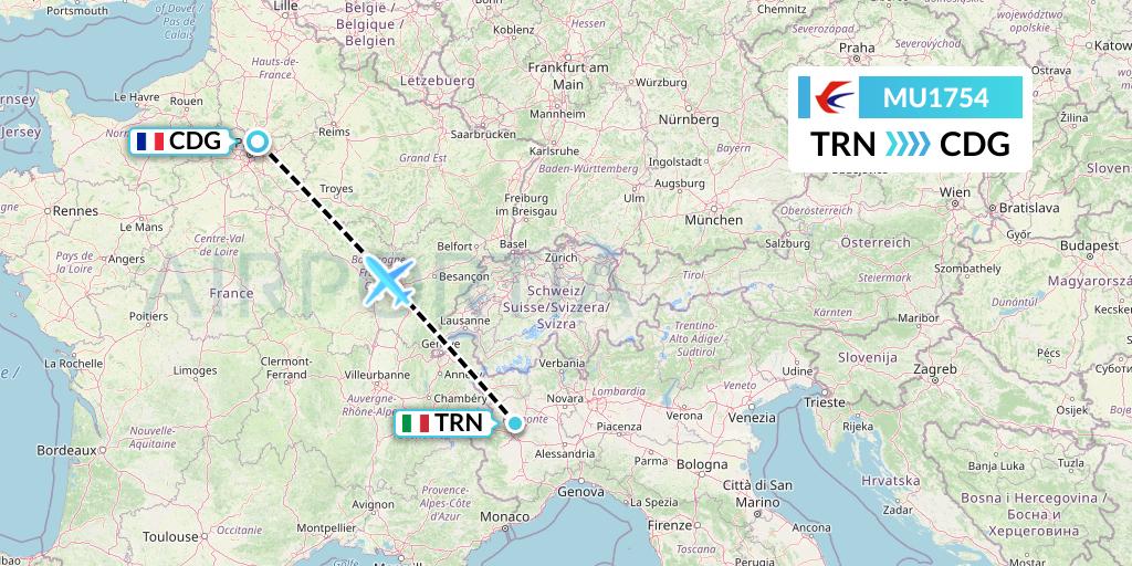 MU1754 China Eastern Airlines Flight Map: Turin to Paris