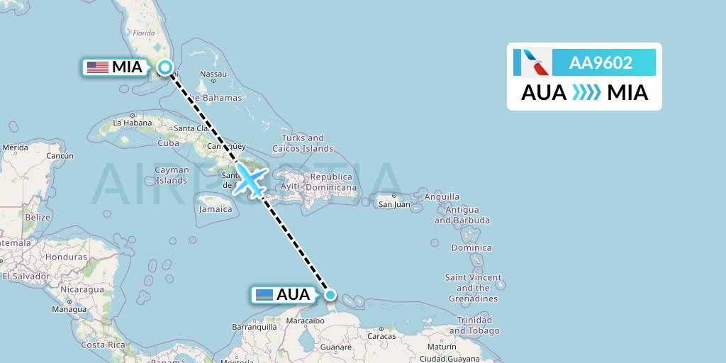 AA9602 American Airlines Flight Map: Oranjestad to Miami