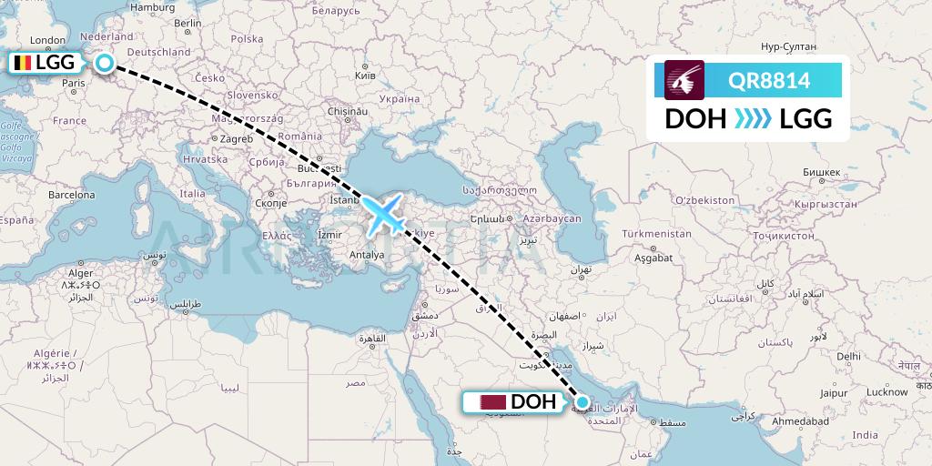 QR8814 Qatar Airways Flight Map: Doha to Liege