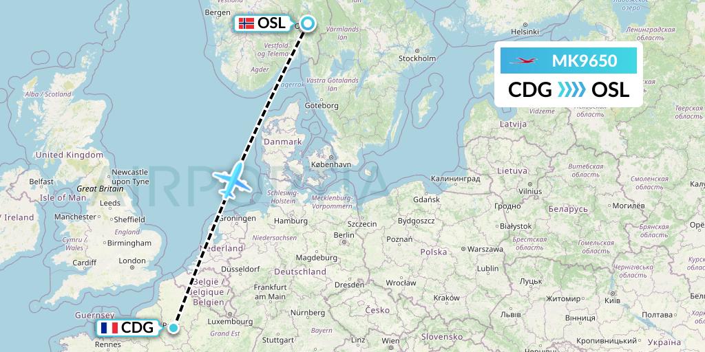 MK9650 Air Mauritius Flight Map: Paris to Oslo