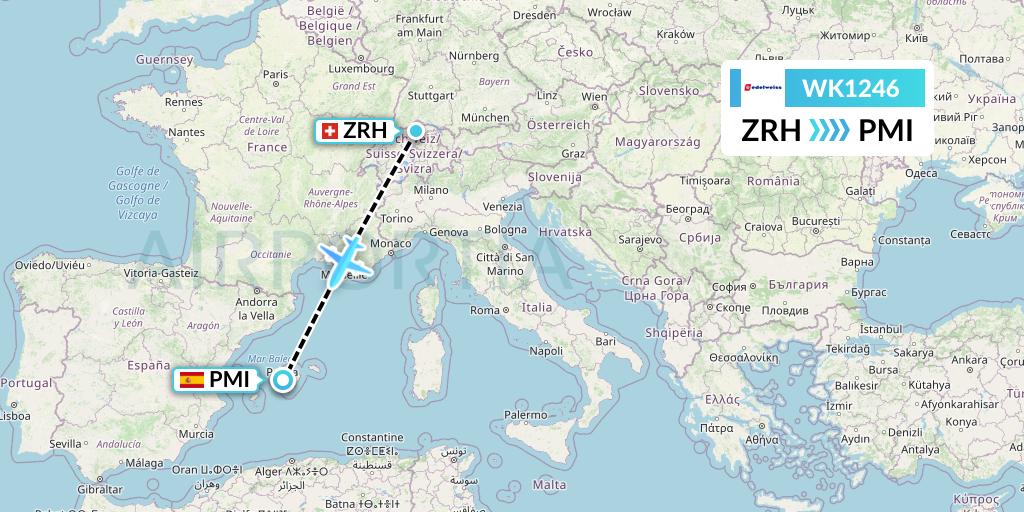 WK1246 Edelweiss Air Flight Map: Zurich to Palma de Mallorca