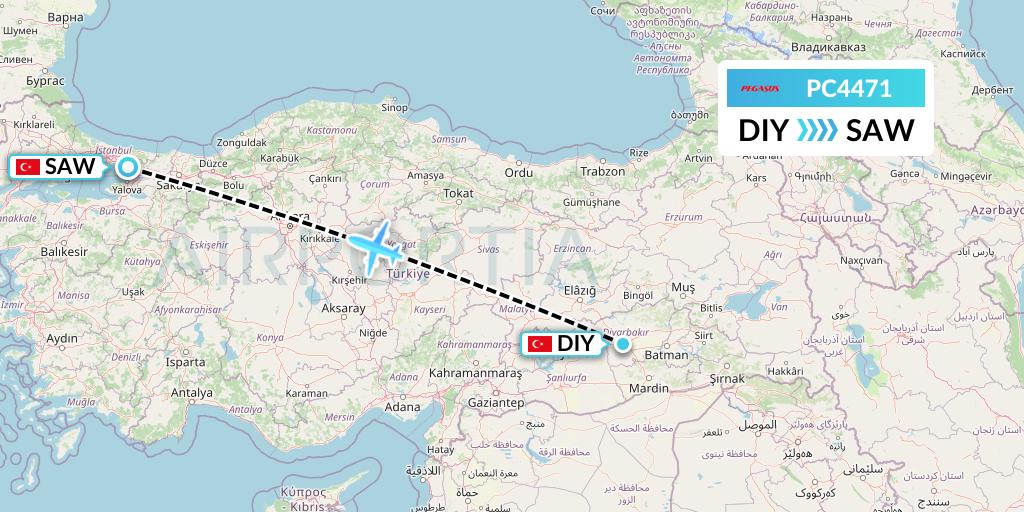 PC4471 Pegasus Airlines Flight Map: Diyarbakir to Istanbul