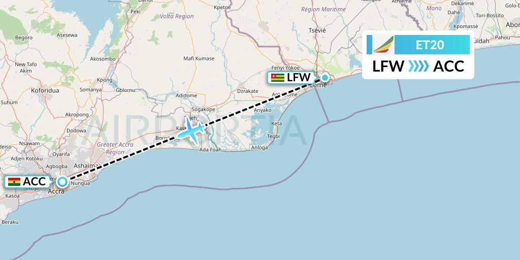 ET20 Ethiopian Airlines Flight Map: Lome to Accra