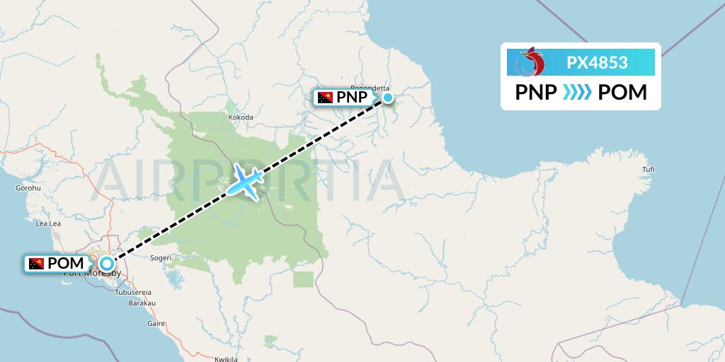 PX4853 Air Niugini Flight Map: Popondetta to Port Moresby