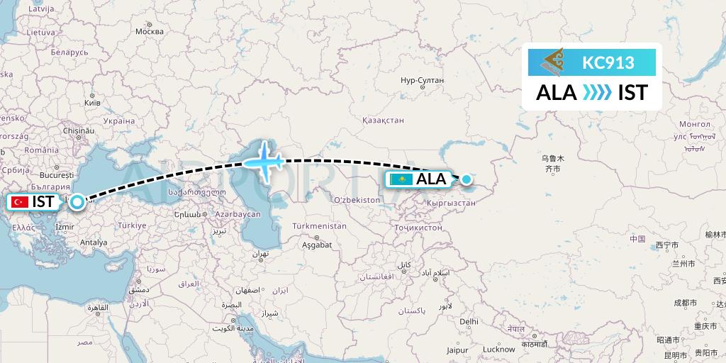 KC913 Air Astana Flight Map: Almaty to Istanbul