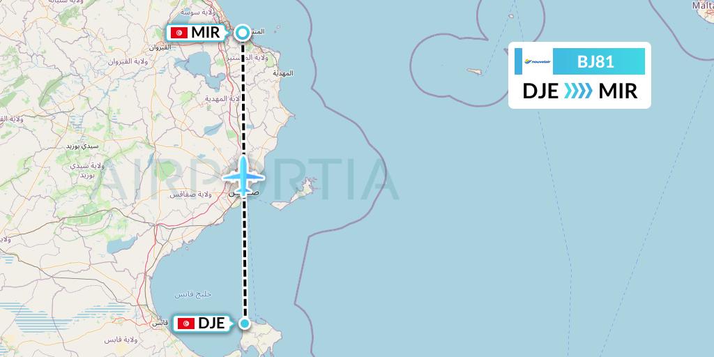 BJ81 Nouvelair Tunisie Flight Map: Djerba to Monastir