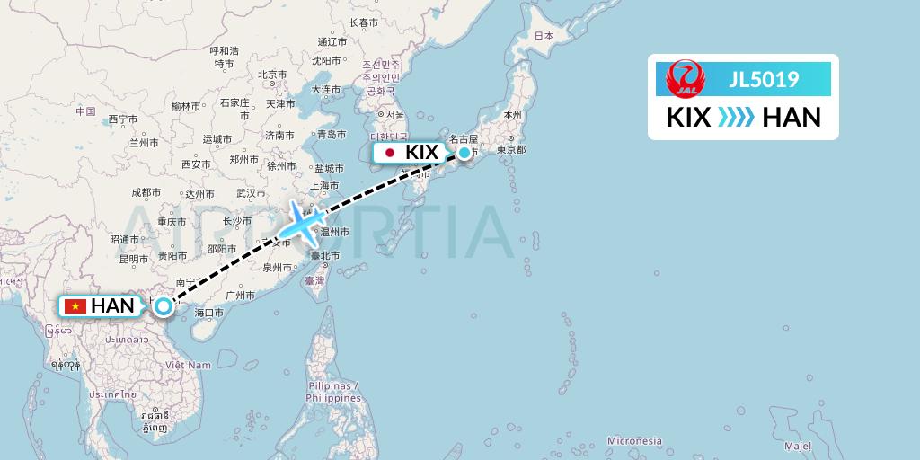 JL5019 Japan Airlines Flight Map: Osaka to Hanoi
