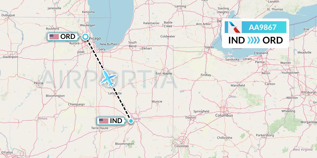 AA9867 American Airlines Flight Map: Indianapolis to Chicago