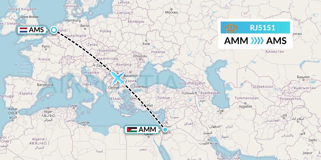 RJ5151 Royal Jordanian Flight Map: Amman to Amsterdam