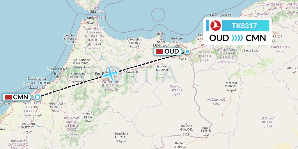 TK8317 Turkish Airlines Flight Map: Oujda to Casablanca