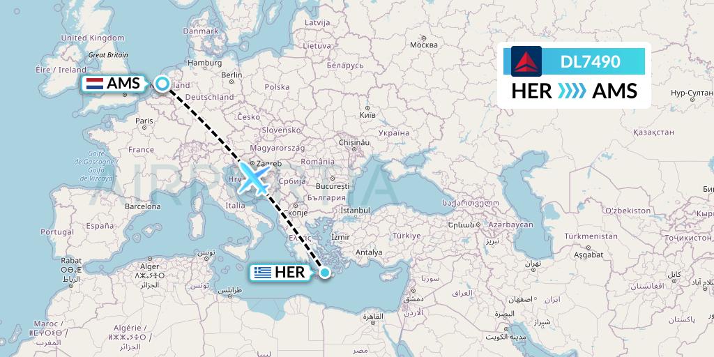 DL7490 Delta Air Lines Flight Map: Heraklion to Amsterdam