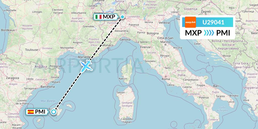 U29041 EasyJet Flight Map: Milan to Palma de Mallorca
