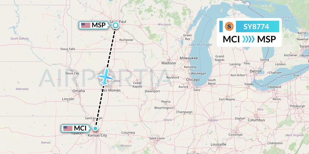 SY8774 Sun Country Airlines Flight Map: Kansas City to Minneapolis