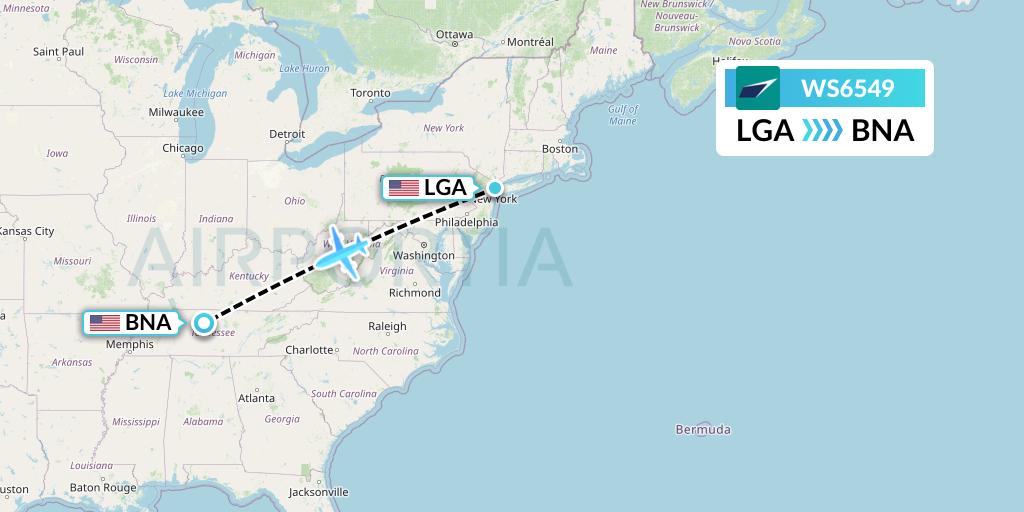WS6549 WestJet Flight Map: New York to Nashville