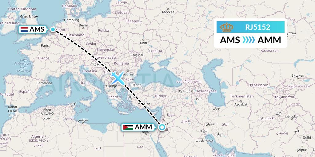 RJ5152 Royal Jordanian Flight Map: Amsterdam to Amman