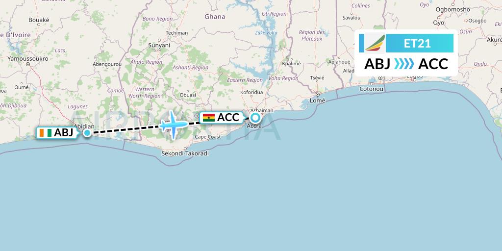 ET21 Ethiopian Airlines Flight Map: Abidjan to Accra
