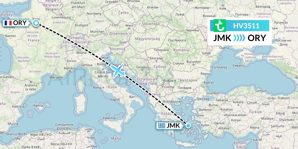 HV3511 Transavia Flight Map: Mykonos to Paris