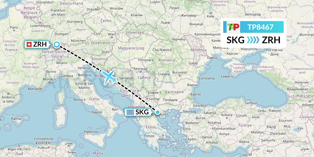 TP8467 TAP Portugal Flight Map: Thessaloniki to Zurich