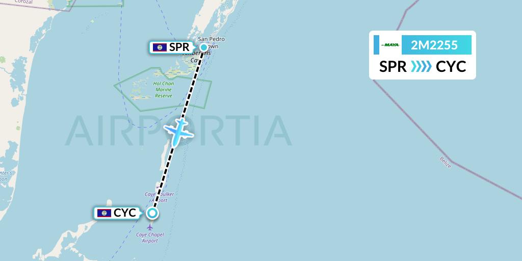 2M2255 Maya Island Air Flight Map: San Pedro to Caye Chapel