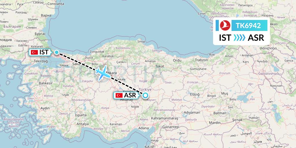 TK6942 Turkish Airlines Flight Map: Istanbul to Kayseri