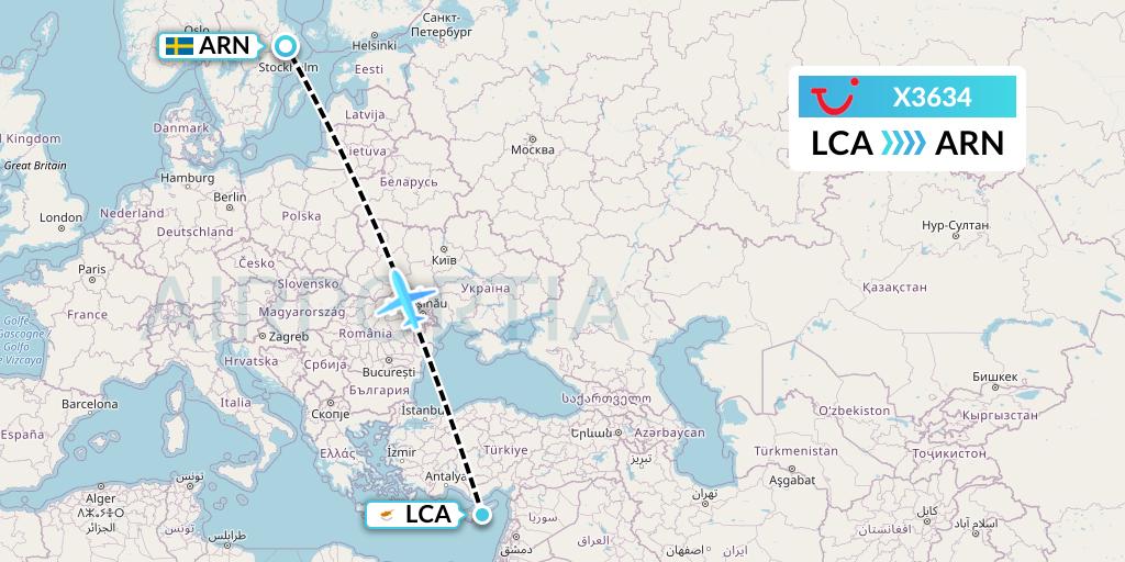 X3634 TUI fly Germany Flight Map: Larnaca to Stockholm