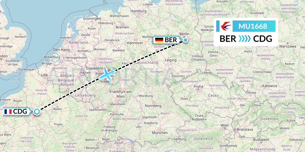MU1668 China Eastern Airlines Flight Map: Berlin to Paris