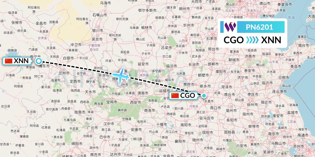 PN6201 China West Air Flight Map: Zhengzhou to Xining