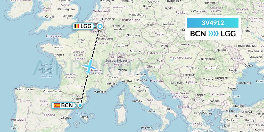 3V4912 ASL Airlines Belgium Flight Map: Barcelona to Liege