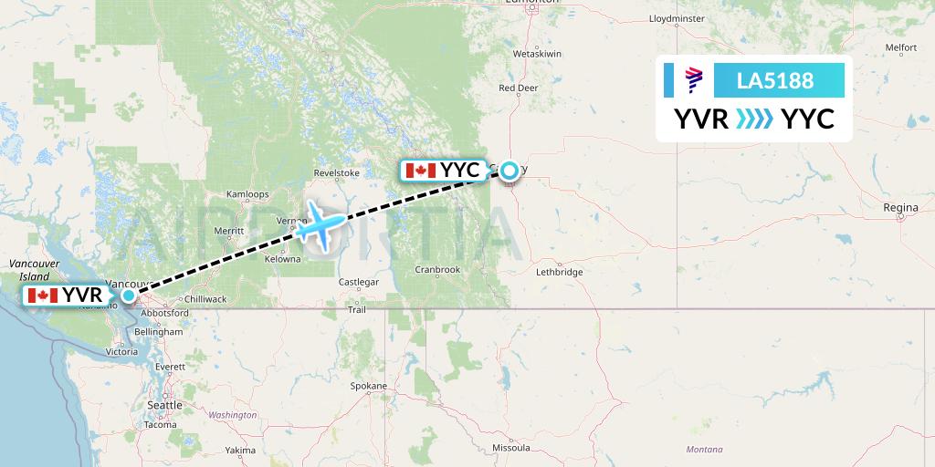 LA5188 LAN Airlines Flight Map: Vancouver to Calgary