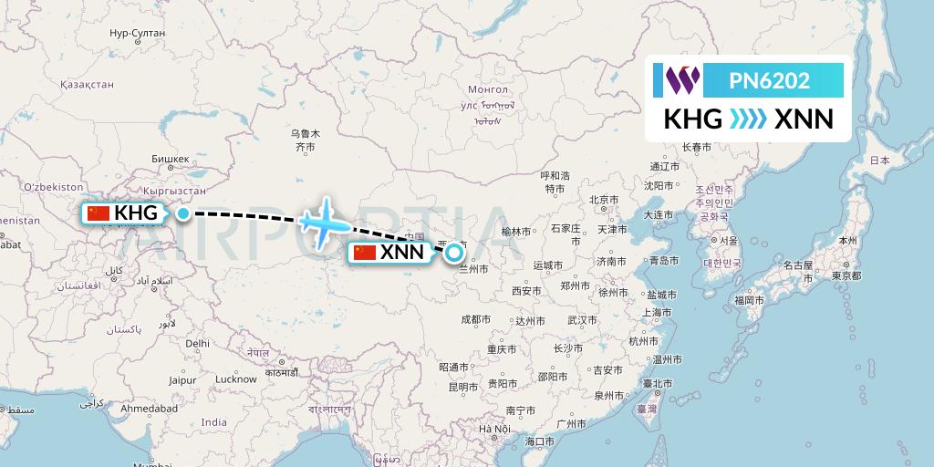 PN6202 China West Air Flight Map: Kashgar to Xining