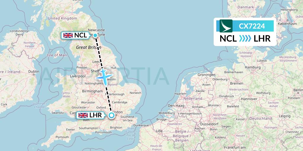 CX7224 Cathay Pacific Flight Map: Newcastle to London