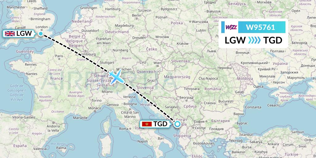 W95761 Wizz Air UK Flight Map: London to Podgorica