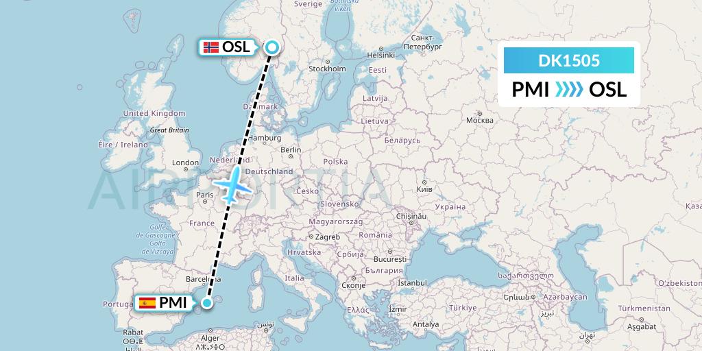 DK1505 Thomas Cook Airlines Scandinavia Flight Map: Palma de Mallorca to Oslo